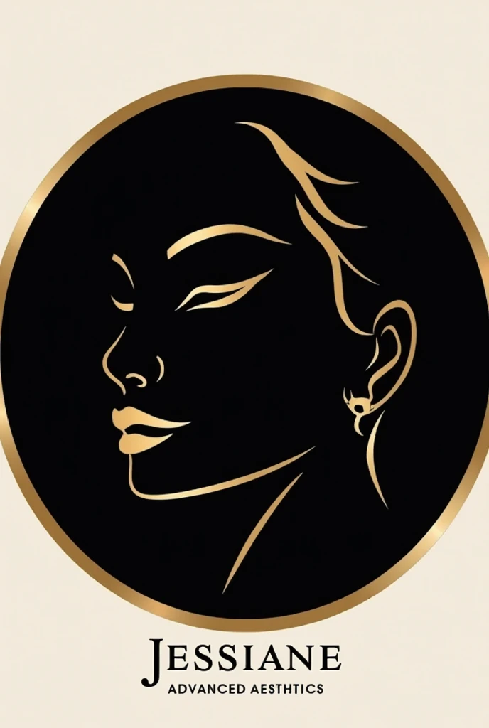 clinic logo with the name Jessiane Advanced Aesthetics inside a black piano circle on the facade in the shape of a profile face with a golden frame 