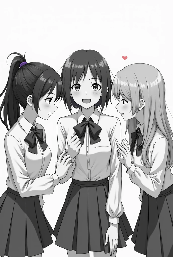 tres Adolescentes mujeres de 21 Años de edAd en el colegio y (dos de ellAs molestAndo que están riendo ) A (unA de ellAs que estA seriA), imAgen de chicAs AntiguA en blAnco y negro
