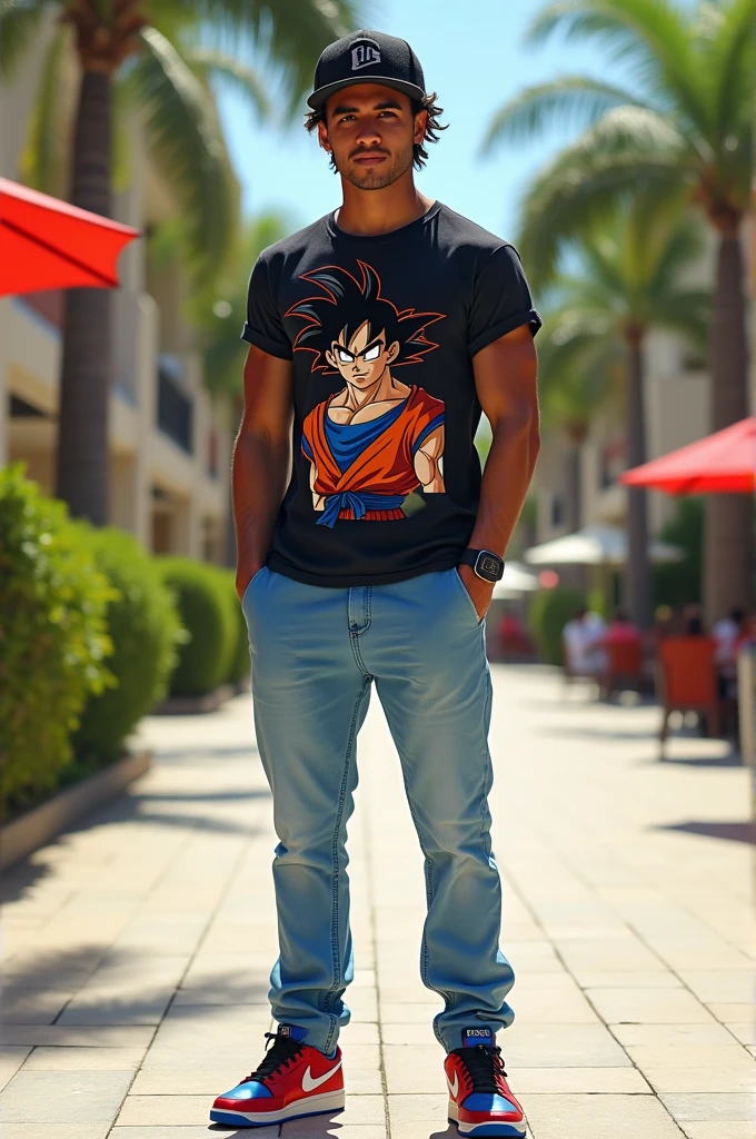 Male boy approximately 40 years old, with black eyes, short curly hair, a physically attractive person, with seductive look, very pleasant smile, light blue denim pants dress, Dragon Ball Z T-shirt, and black cap, with red and blue Nike tennis shoes, standing in the hotel zone of huatulco