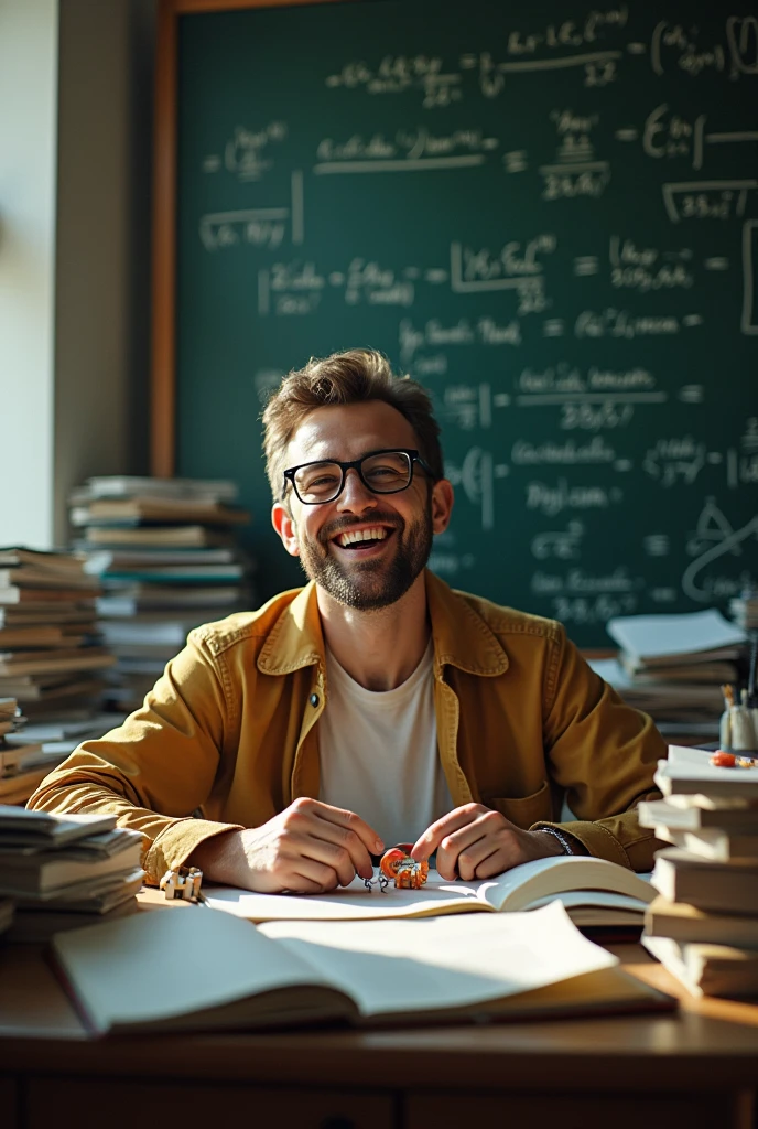 A genius mathematician sitting at a cluttered desk, surrounded by complex equations on chalkboards, papers scattered everywhere. Despite the intellectual chaos, there's a lighthearted, almost humorous atmosphere in the room. The mathematician is laughing, holding a peculiar object like a quirky puzzle or a playful mathematical toy, showing that even in a world of logic, there’s room for fun. The setting blends academic seriousness with unexpected humor, creating an intriguing contrast. The light