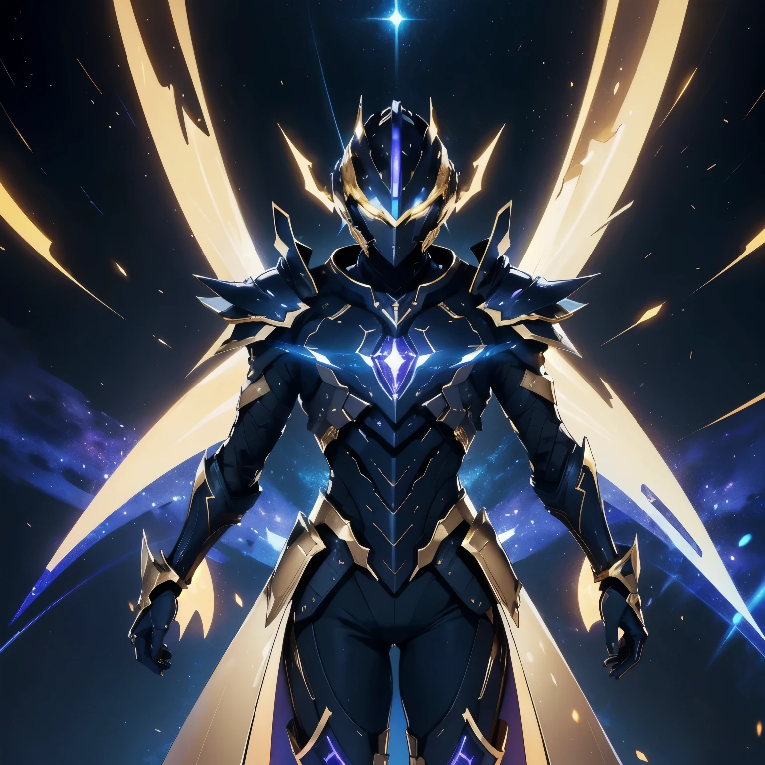 It's a man. The image presents a highly detailed and futuristic armor designed for a male warrior. The armor combines elements from different parts to create a cohesive and powerful look. Helmet: The helmet features a sleek, aerodynamic design with a golden metallic finish. It has a central crest that rises upwards, and the visor glows with a bright blue light, giving it a high-tech, futuristic appearance. Pauldrons (Shoulder Pads): The shoulder pads are designed to be close to the chest, with angular lines extending smoothly toward the shoulders. They have a polished golden finish and curve elegantly upward, creating a harmonious transition between the chest and shoulders, while providing a majestic and protective look. Chest Plate: The chest plate is intricately segmented, with a combination of gold and dark metallic blue. It has a gem-like crystal in the center that emits a soft, mystical glow. The design of the chest plate is both protective and regal, with sharp, angular lines that add to the overall futuristic aesthetic. Arm Guards: The arm guards are sleek and streamlined, with articulated golden and purple segments that offer flexibility and protection. The design of the gauntlets is both robust and elegant, incorporating futuristic elements that blend with the classic style. Leg Armor: The legs are armored with segmented plates that are primarily gold and purple. The boots are angular and sturdy, with a design that conveys both strength and agility. The overall look of the leg armor is grounded yet sleek, completing the ensemble with a powerful stance. The background of the image is a dark cosmic scene, filled with distant stars and nebulae that highlight the polished surfaces of the armor. Dynamic lighting is used to emphasize the key features, particularly the glowing visor and central chest gem, reinforcing the mystical and imposing nature of the warrior.