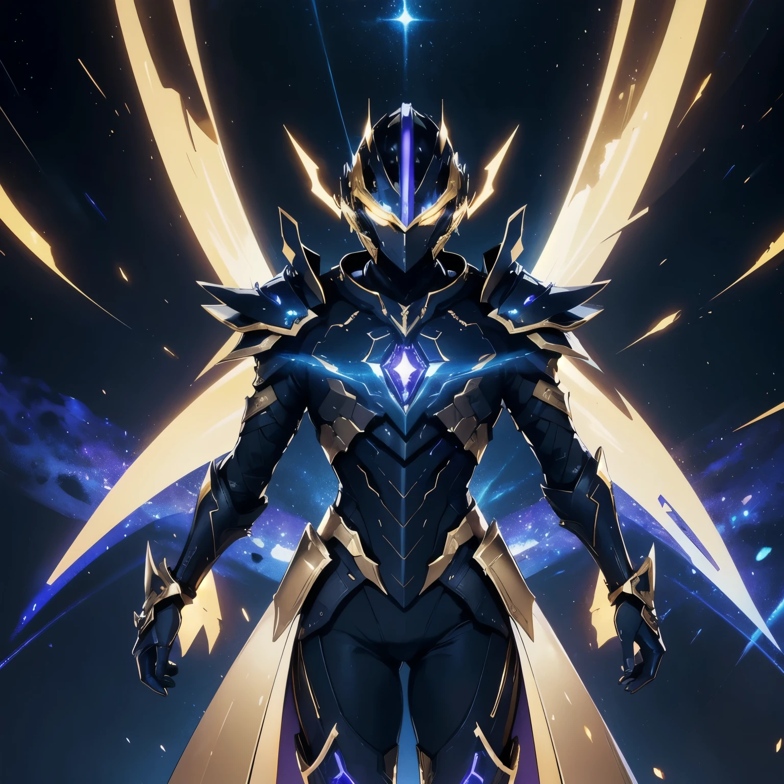 It's a man. The image presents a highly detailed and futuristic armor designed for a male warrior. The armor combines elements from different parts to create a cohesive and powerful look. Helmet: The helmet features a sleek, aerodynamic design with a golden metallic finish. It has a central crest that rises upwards, and the visor glows with a bright blue light, giving it a high-tech, futuristic appearance. Pauldrons (Shoulder Pads): The shoulder pads are designed to be close to the chest, with angular lines extending smoothly toward the shoulders. They have a polished golden finish and curve elegantly upward, creating a harmonious transition between the chest and shoulders, while providing a majestic and protective look. Chest Plate: The chest plate is intricately segmented, with a combination of gold and dark metallic blue. It has a gem-like crystal in the center that emits a soft, mystical glow. The design of the chest plate is both protective and regal, with sharp, angular lines that add to the overall futuristic aesthetic. Arm Guards: The arm guards are sleek and streamlined, with articulated golden and purple segments that offer flexibility and protection. The design of the gauntlets is both robust and elegant, incorporating futuristic elements that blend with the classic style. Leg Armor: The legs are armored with segmented plates that are primarily gold and purple. The boots are angular and sturdy, with a design that conveys both strength and agility. The overall look of the leg armor is grounded yet sleek, completing the ensemble with a powerful stance. The background of the image is a dark cosmic scene, filled with distant stars and nebulae that highlight the polished surfaces of the armor. Dynamic lighting is used to emphasize the key features, particularly the glowing visor and central chest gem, reinforcing the mystical and imposing nature of the warrior.