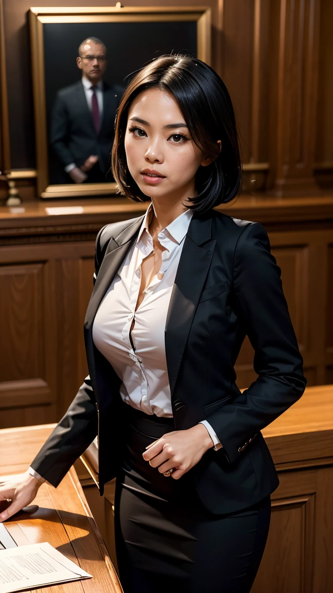 (nsfw), Claire Wong, a sophisticated and no-nonsense 3 lawyer, is depicted in a luxurious courtroom, standing confidently before a judge. She is dressed in a perfectly fitted black pencil skirt and blazer, her hair styled in a sleek, straight bob that adds to her sharp, professional appearance. Her piercing gaze and calm demeanor command the attention of everyone in the room as she delivers her arguments with precision. The courtroom is grand, with dark wood paneling and elegant architecture, emphasizing the seriousness and authority of the scene. Hyper-detailed, dramatic lighting, professional atmosphere, 8K.