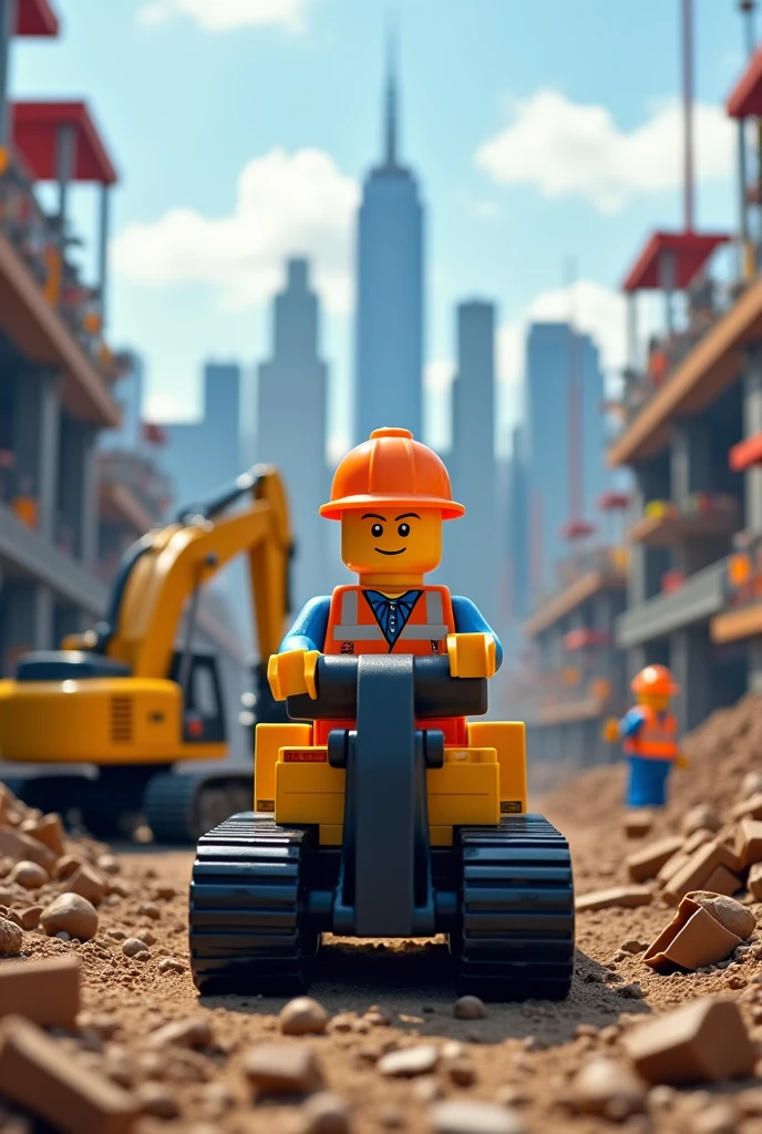 Lego minifig drive excavator at construction site behind the big city lot of workers 