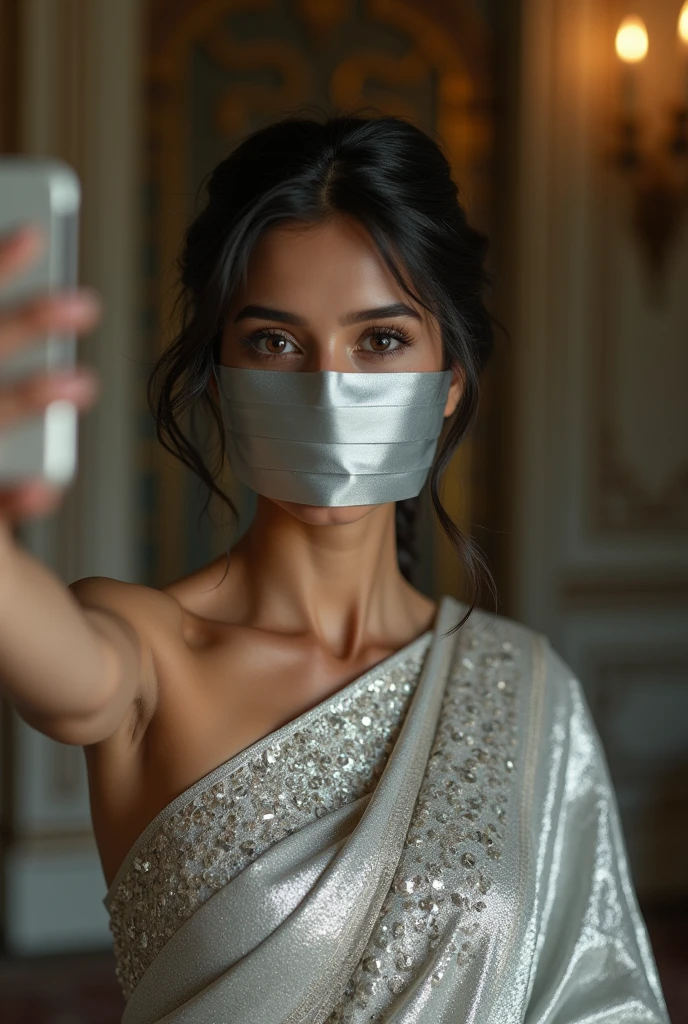 Aesthetic Indian Girl blindfolded Duct tape gagged in silver shimmering prom saree Taking selfie