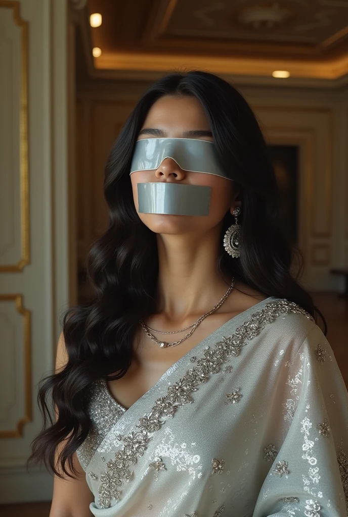 Aesthetic Indian Girl blindfolded Duct tape gagged in silver shimmering prom saree Taking selfie 