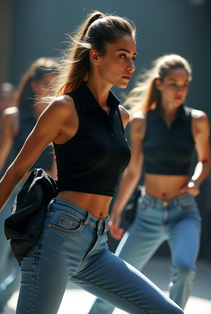 Women dancing a choreography wearing a black sleeveless polo shirt with a high neck and light blue jeans, doing somersaults, taking off their coats and showing the back of their jeans.