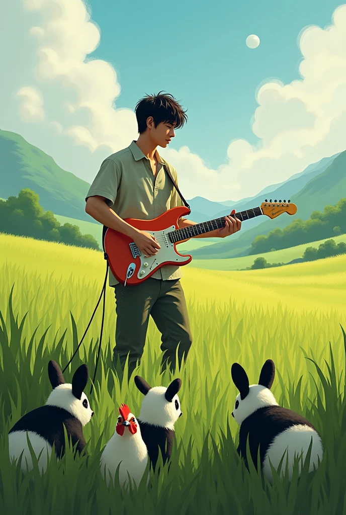 male guitarist playing electric guitar in the middle of a rice field watched by panda rabbits and chickens