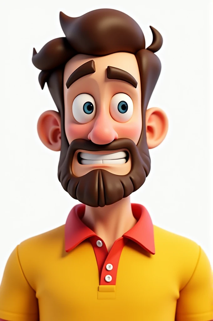 An avatar with 3D images pixis-style portrait with white background 3 man brown hair brown beard frowning forehead well-humored yellow polo shirt with red collar