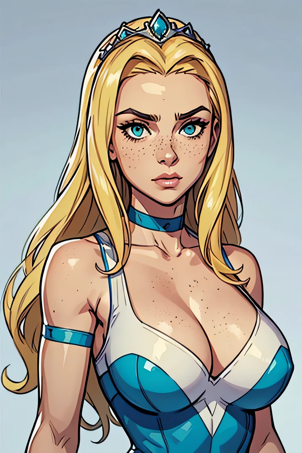 Slim athletic woman, age 25, 4K (High definition), thoughtful, seducing gaze, greeneyes, wearing a royal dress ((with v-neckline)), wearing tiara and choker, arms positioned at the side of the body, Caucasian skin, long blonde hair ((at shoulder height)), standing (upper body), curvy with freckles on her chest and neck, big round breasts. High-quality Marvel style, white background.