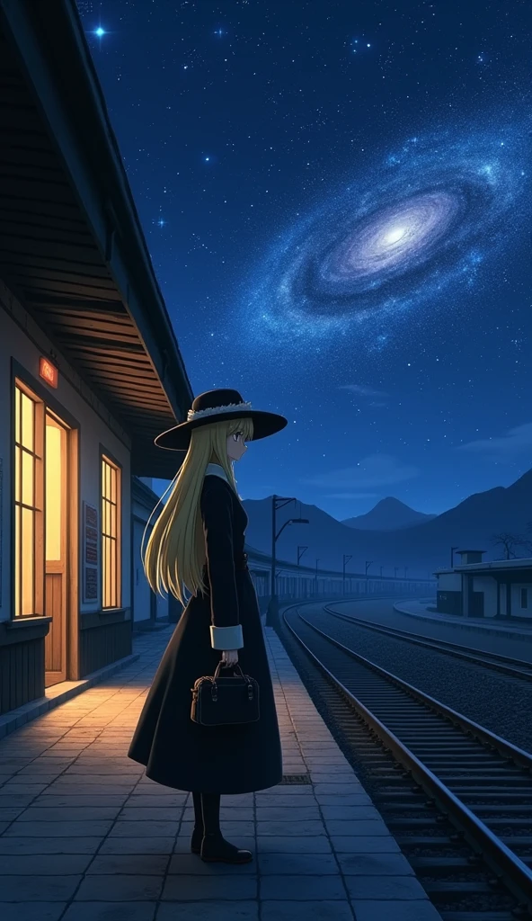 masterpiece,  High resolution, 4K, Attention to detail, high quality, Attention to detailed background, Realistic, Backlight,  Midnight, Galaxy Express 999, Galaxy images, Old Sky, Railroad to the Galaxy,
One person,  At the station, Look for others, (profile:0.5), With the conductor,
Iris, Small breasts,(close your eyes:0.3) Travel Bags, Upper Body, 
Maetel, Long Hair, Blonde, Fur trim, Black Hat, Fur hat, Dress Long Boots Black,  
