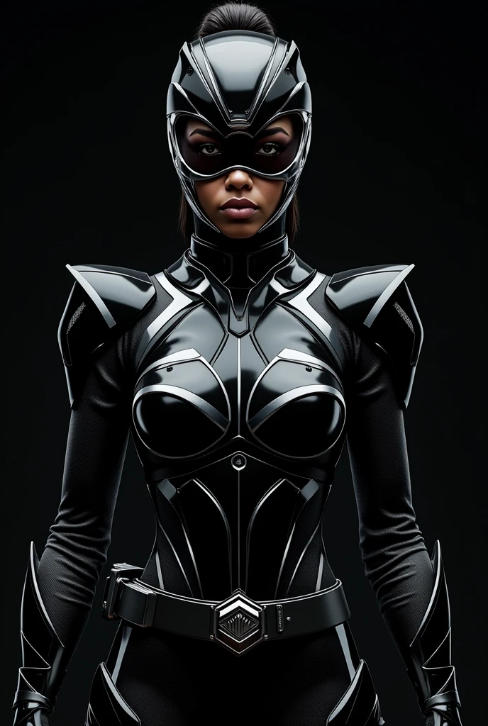 Power Ranger Black girl in full shining armor with armor covering her face too, facing front, color BLACK with white