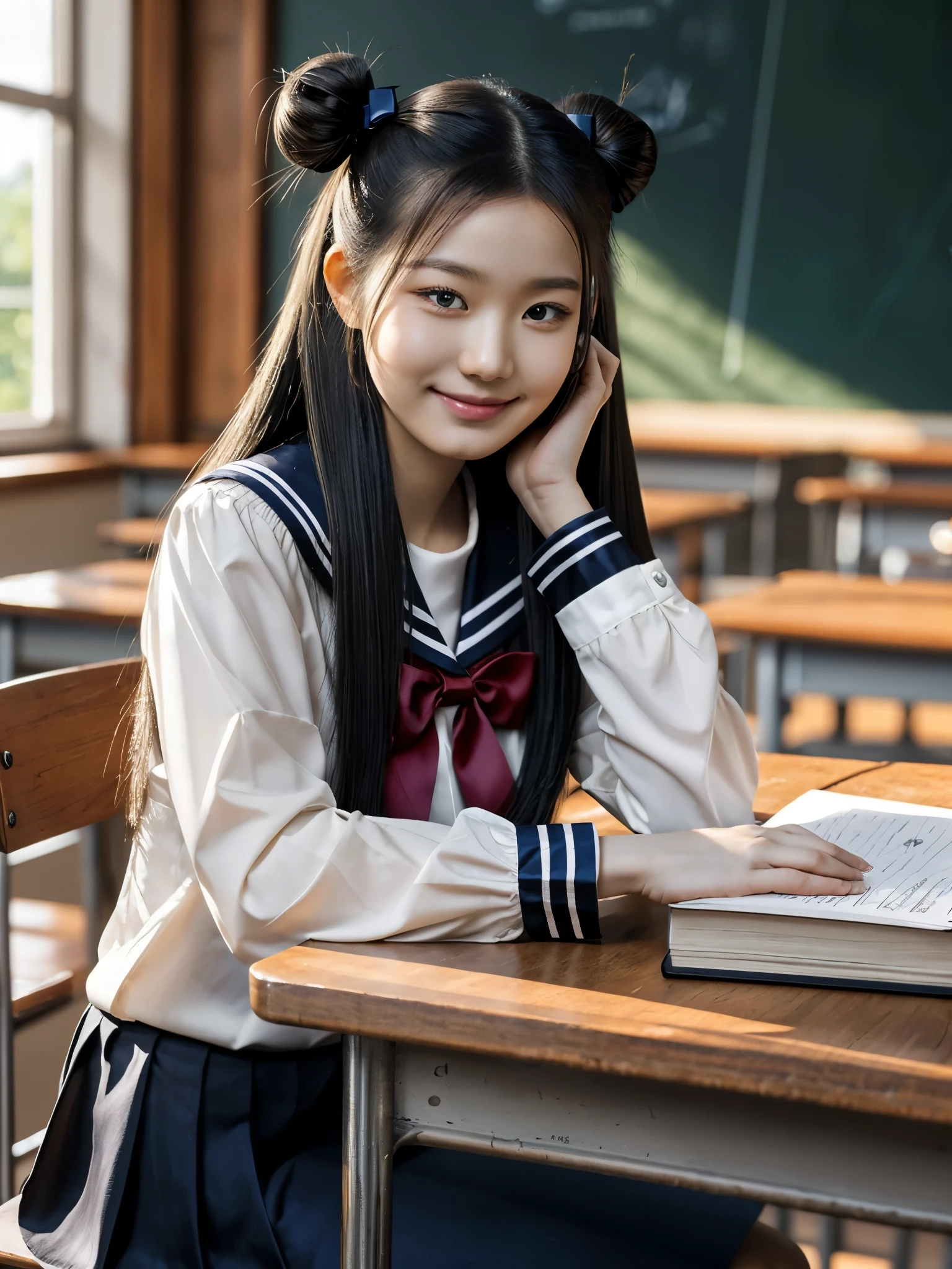 girl, arm rest on table hand to hair, sailor collar, bow details, long sleeve blouse, very long hair, twin hair buns, detailed face, looking at viewer, smile, blouse, sitting, table, book and writing tools on table, classroom, black hair, photorealistic, high bloom effect, diffused light, overexposed edges,