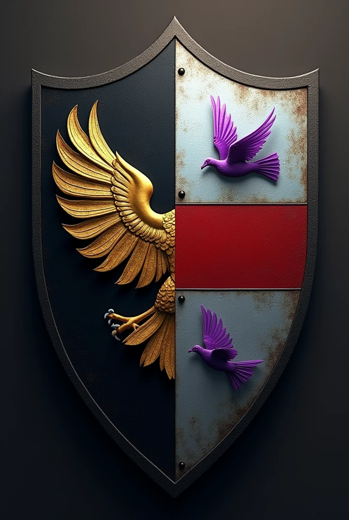 split shield, being the first in black, half golden eagle extended, and the second silver, a strip of red, accompanied by two purple doves, flying, one in chief and one in tip; timbre: unknown.