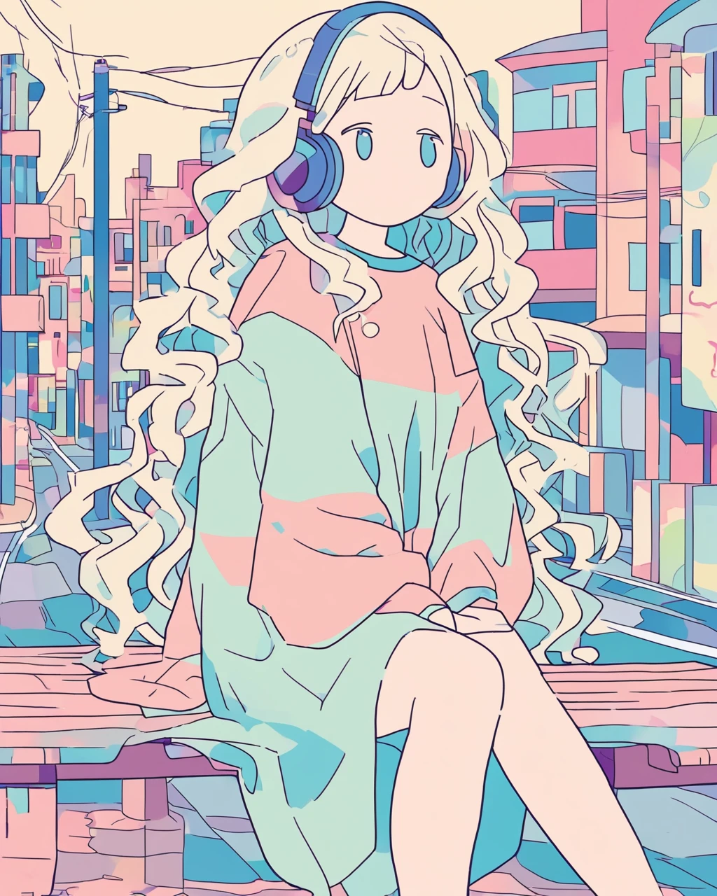 Anime-style illustration of sitting on a city bench. she長い間, She has light wavy hair and is wearing headphones. she、Dressed casually in a loose coat over a dark shirt or dress。. In the background there is a street with buildings and utility poles., Beautifully drawn, Minimalist lines and pastel colors. The overall color scheme is soft and bright., Gives the image a calm and relaxing feel.Chil and lo-fi world。