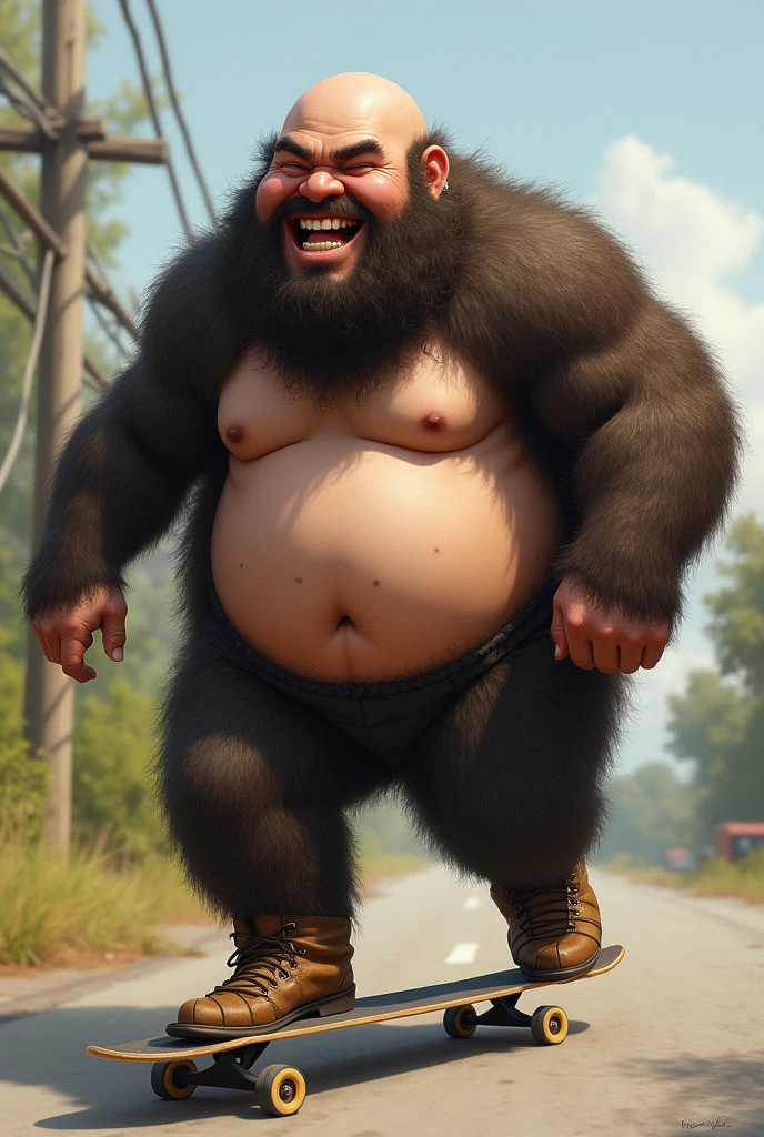 A fat man, baldie, very hairy, brawny, sem T-shirt, with hair all over the body, smiling while skateboarding. Lots of belly hair. realist art