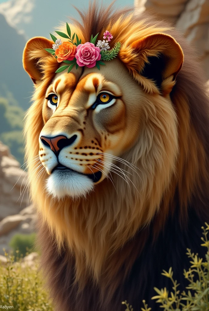 Judaean lioness face with flower crown