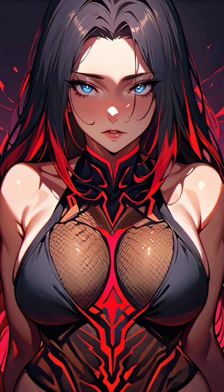 (high quality, 8k, 4K, high contrast, artwork:1.2, high quality, best aesthetics), (centered), ((1 woman)), erotic, sensual, mature body, grown woman, super detailed, beautiful face detailed, beautiful eyes detailed, detailed beautiful mouth, (short black hair), (red streak in hair), (blue eyes), (sensual expression), (looking at viewer), (penetrating gaze), (standing), (straight body posture), (front view of woman), (wearing sexy black lingerie)
