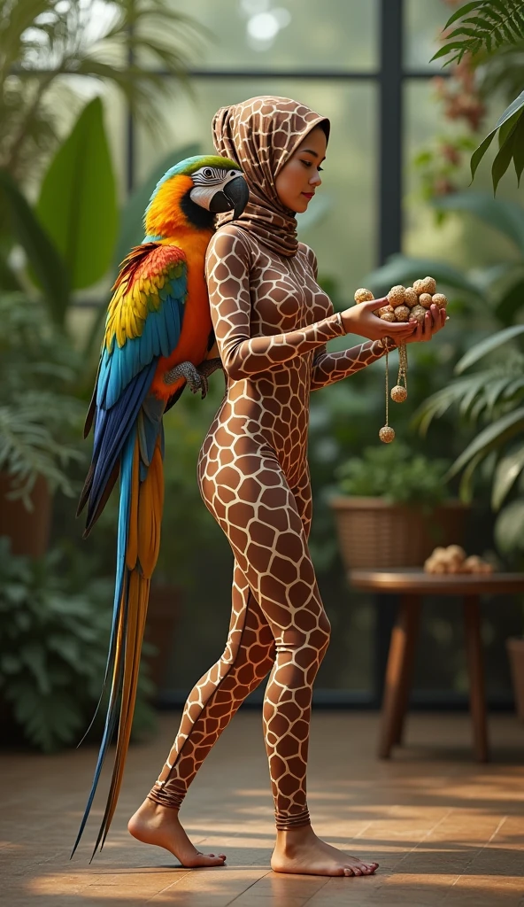 The most beautiful,thin,most pretty and clever Malaysian muslimah adult girl wears giraffe lycra turtleneck unitard catsuit covered with spots.She always wear giraffe print lycra dancewear stretchy hijab covered with spots.She takes care a macaw to eat walnuts in the aviary at home.