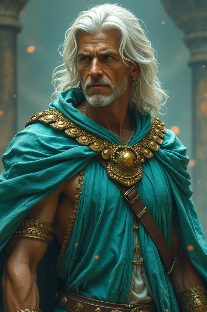 A man dressed in turquoise linen With gold around his shoulders With eyes like a flame of fire His body like turquoise Arms and feet of bronze Hair white