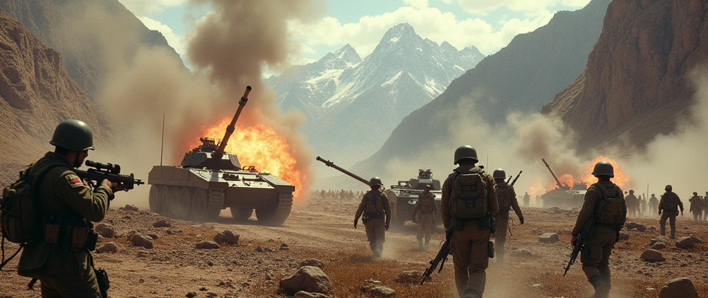 1970; (masterpiece, best quality) destroyed mountains (Buenos Aires) battle of enemy armies on a battlefield