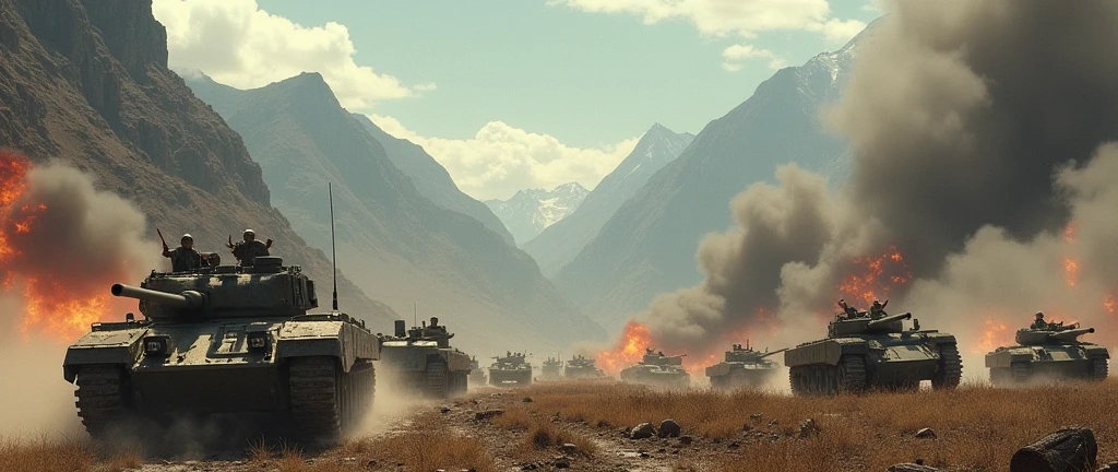 1970; (masterpiece, best quality) destroyed mountains (Buenos Aires) battle of enemy armies on a battlefield