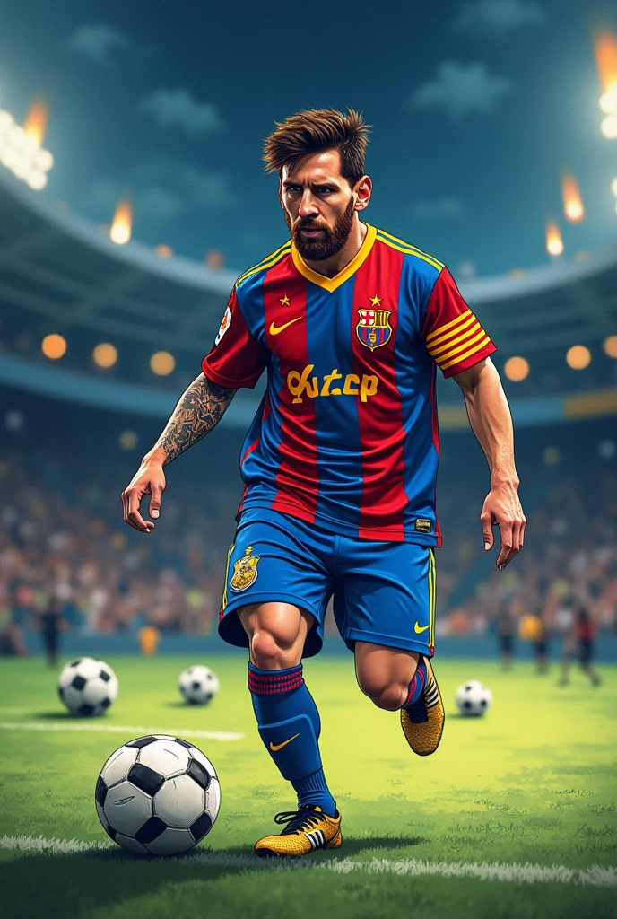 Create an image in which the soccer player Lionel Messi is wearing the Boca Juniors club uniform, Harry Potter, in drawing format