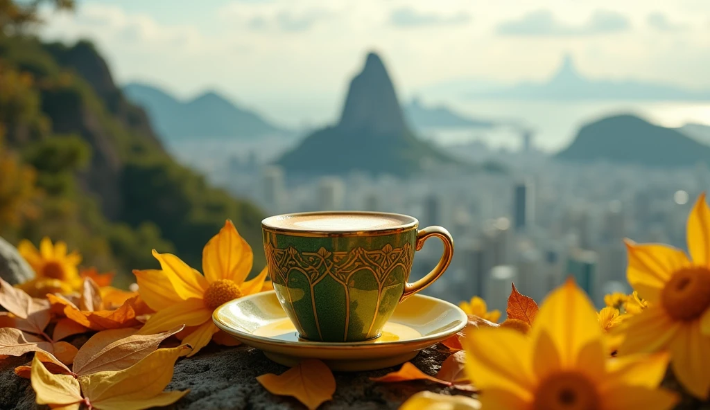 Create Christ the Redeemer overlooking Rio de Janeiro city, a small, yellow, green latte cup adorned with intricate Art Nouveau designs sits atop a bed of autumn leaves and yellow flowers scattered around. Creative composition, trending on ArtStation.