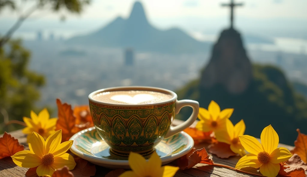 Create Christ the Redeemer overlooking Rio de Janeiro city, a small, yellow, green latte cup adorned with intricate Art Nouveau designs sits atop a bed of autumn leaves and yellow flowers scattered around. Creative composition, trending on ArtStation.