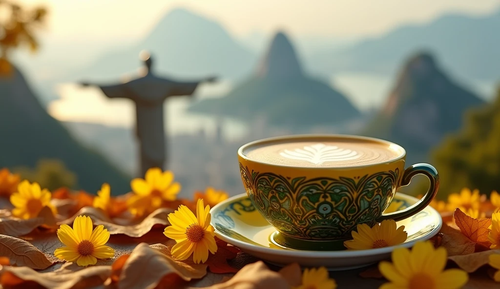 Create Christ the Redeemer overlooking Rio de Janeiro city, a small, yellow, green latte cup adorned with intricate Art Nouveau designs sits atop a bed of autumn leaves and yellow flowers scattered around. Creative composition, trending on ArtStation. 