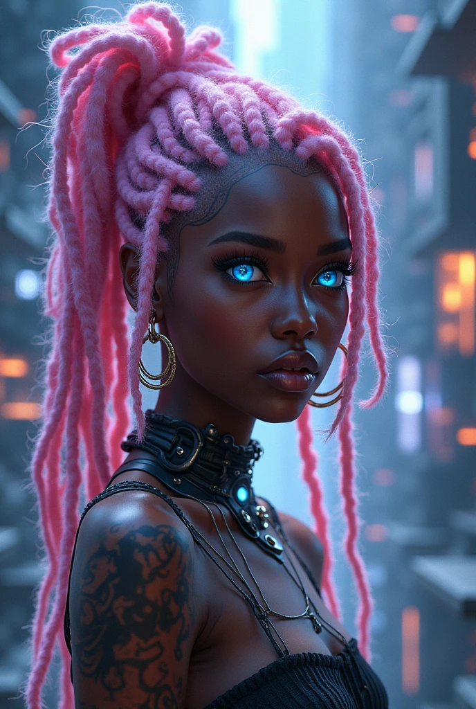 Black girl pastel pink dreadlocks blue eyes 2 with tattoos sci-fi arcane style
