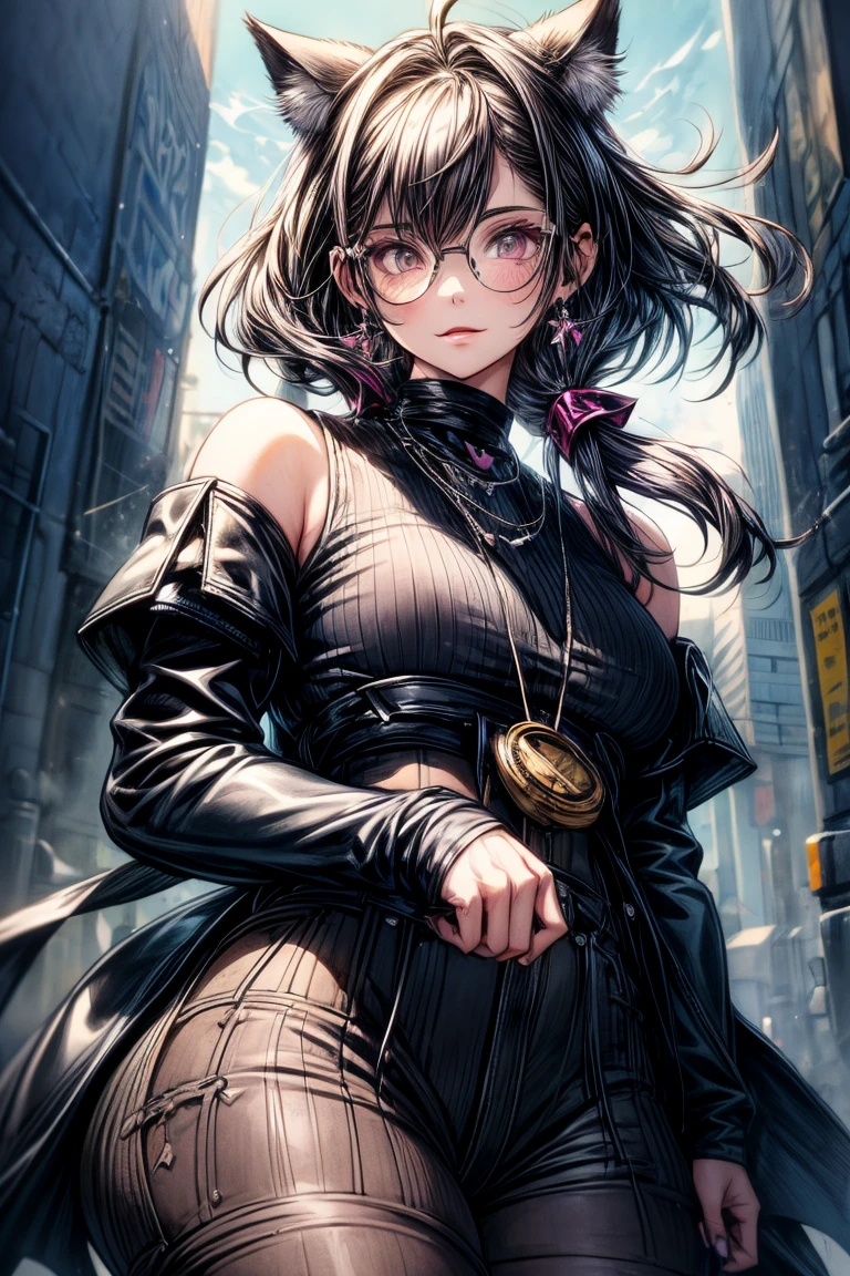 a cat woman with freckles, dark brown eyes, and an upturned nose, she is very happy, she has long wavy black hair, wearing aviator sunglasses with clear lenses in a soft watercolor style. The girl's clothes must be in pink, purple, and blue in celebration of the bisexual, with stains of ink and watercolor mixing and filling the scene. There should be a subtle, nuanced change in colors using the impasto technique with gouache paint. There should be a light rain in the watercolor painting with a little watercolor paper texture and a pastel background.