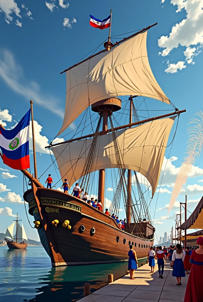 river school sailing vessel of the brigantine schooner type with the Paraguayan flag called BE GUARANI with white sails and the topmen dressed in blue, white and red standing on the masts ,The ship docked in the port of Asuncion with people on the dock welcoming it with fireworks and women dancing the bottle dance