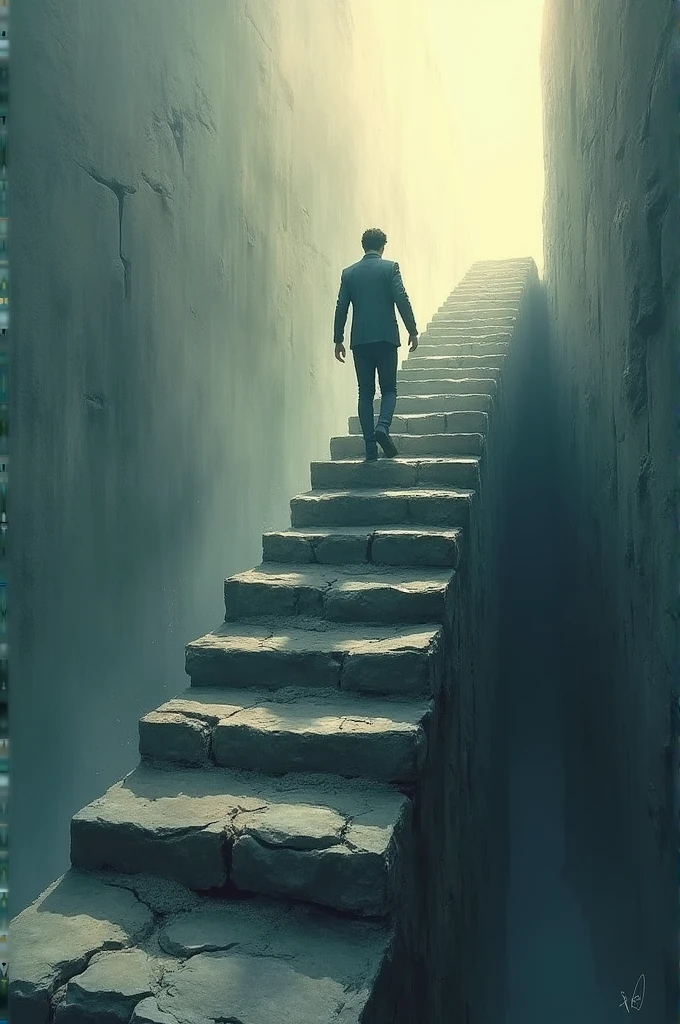 "Person climbing a steep staircase, each step representing a challenge overcome."