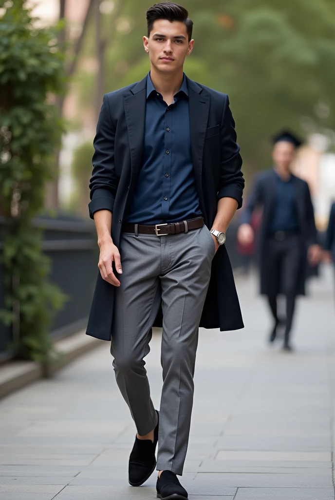 Create a graduation look with a navy blue dress shirt tucked into gray tailored pants, black suede loafers and a belt in the same color as the loafer, and a silver watch.