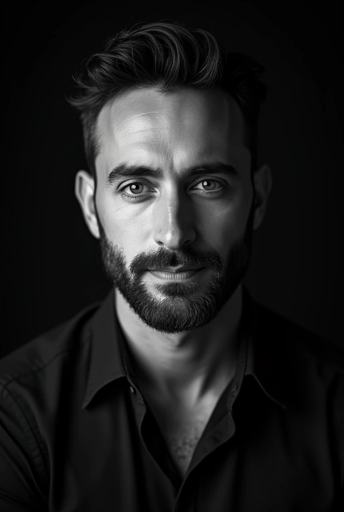 Black and white realistic pic of An 40 years old israeli good looking nice man with a little beard in the dark