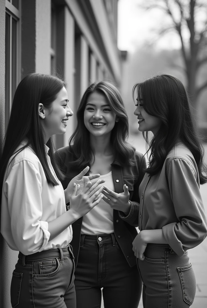 tres Adolescentes mujeres de 21 Años de edAd en el colegio y (dos de ellAs molestAndo que están riendo ) A (unA de ellAs que estA seriA), imAgen imAgen de chicAs AntiguA en blAnco y negro