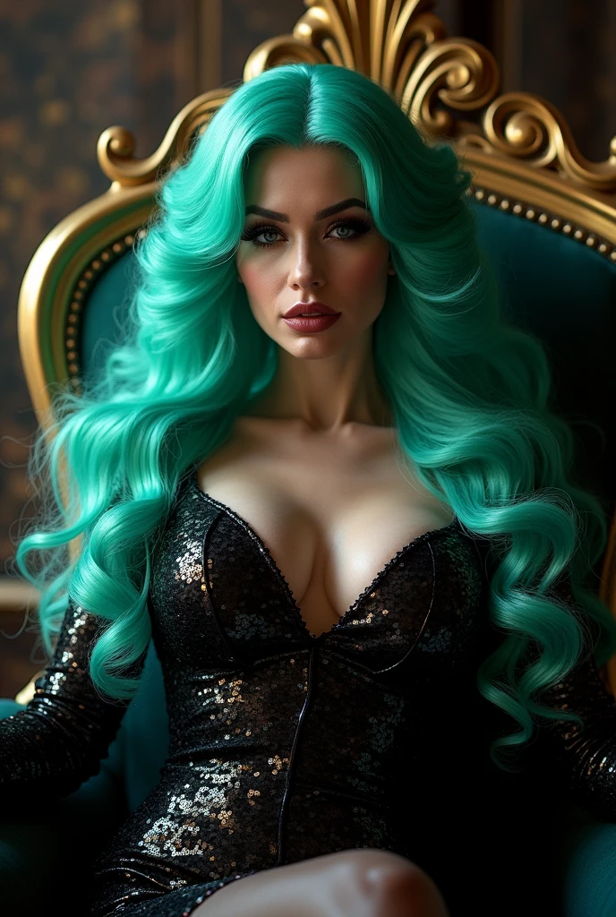 Drag Queen, female body, aqua green wig, sexy black sequin dress, sitting naked on a throne, dark vibes, perfect face, closeup 