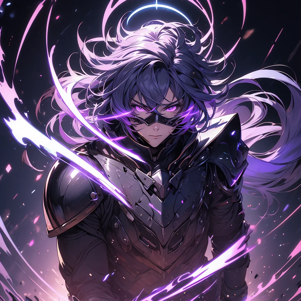 ((masterpiece)), (best quality), (ultra-detailed), (best illustration), (best illumination), photorealistic, 1boy, solo, long hair, lilac hair, no face, lilac eyes, black armor, lilac armor, multicolored armor, hammer hero, crazy, metal halo behind, dark aura, obsession, glowing pupils, full body, floating in air, ruins scenery, dark sky, helmet, mask, face covered. 