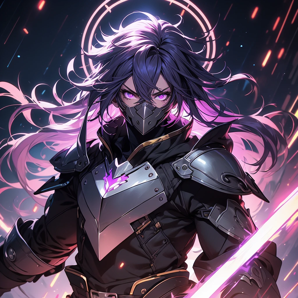 ((masterpiece)), (best quality), (ultra-detailed), (best illustration), (best illumination), photorealistic, 1boy, solo, long hair, lilac hair, no face, lilac eyes, black armor, lilac armor, multicolored armor, hammer hero, crazy, metal halo behind, dark aura, obsession, glowing pupils, full body, floating in air, ruins scenery, dark sky, helmet, mask, face covered. 