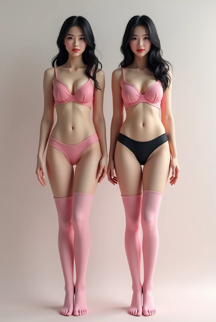 Photorealism 2 ultra realistic attractive Chinese women from the front with big breasts and big ass in pink bra and black panties with pink thigh-high stockings standing 8k