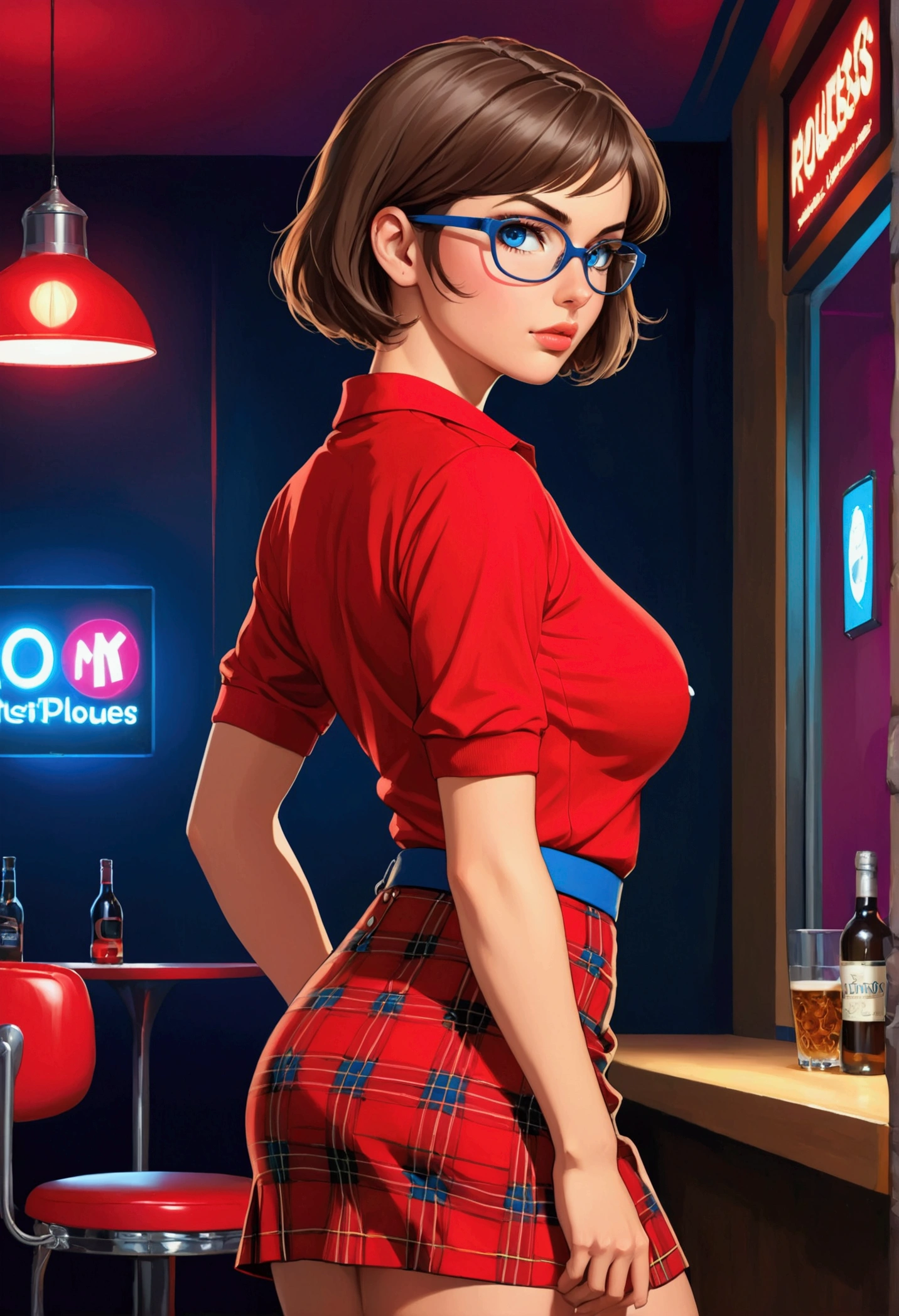 20 years old woman, Short brown hair, Méditerranéenne aux blue eye, Generous and heavy breasts, slender waist, estomac defini, fesses rebondies et pulpeuses, naturally curved, muscular thighs, aguicheuse, nightclub , blue eye, lunettes, red tartan skirt and polo shirt, side view