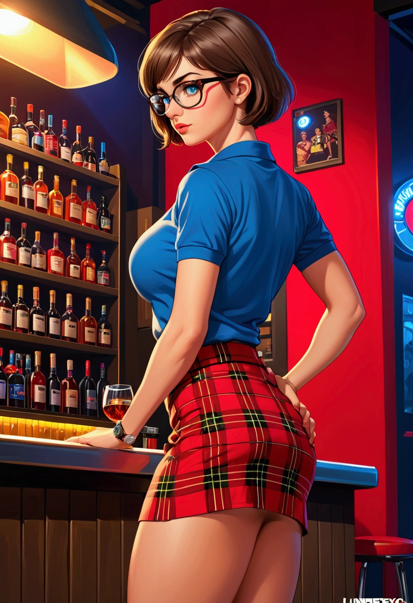 20 years old woman, Short brown hair, Méditerranéenne aux blue eye, Generous and heavy breasts, slender waist, estomac defini, fesses rebondies et pulpeuses, naturally curved, muscular thighs, aguicheuse, nightclub , blue eye, lunettes, red tartan skirt and polo shirt, side view