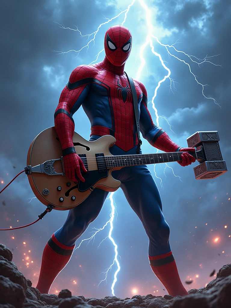 Rock Spiderman marvel with hammer shaped guitar with thunder in the background and a very rock vibes.