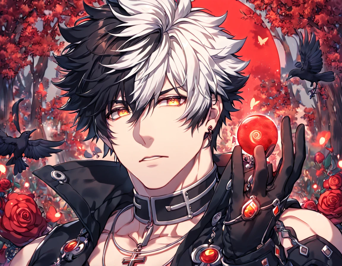 absurdres, highres, ultra detailed, HDR, master piece, best quality, extremely detailed, detailed face, detailed eyes, Raven, spiked hair, bicolor hair, right side black hair, left side white hair, expressive yellow eyes, Elsword, solo, sexy man, handsome, manly man, adult face, black coat, sleeveless, detached sleeves, cross necklace, black gloves, close up, magical, fantasy, under a red trees, forest, red leaves, red flames, red moon, red fireflies, red roses, red butterflies, glass magic