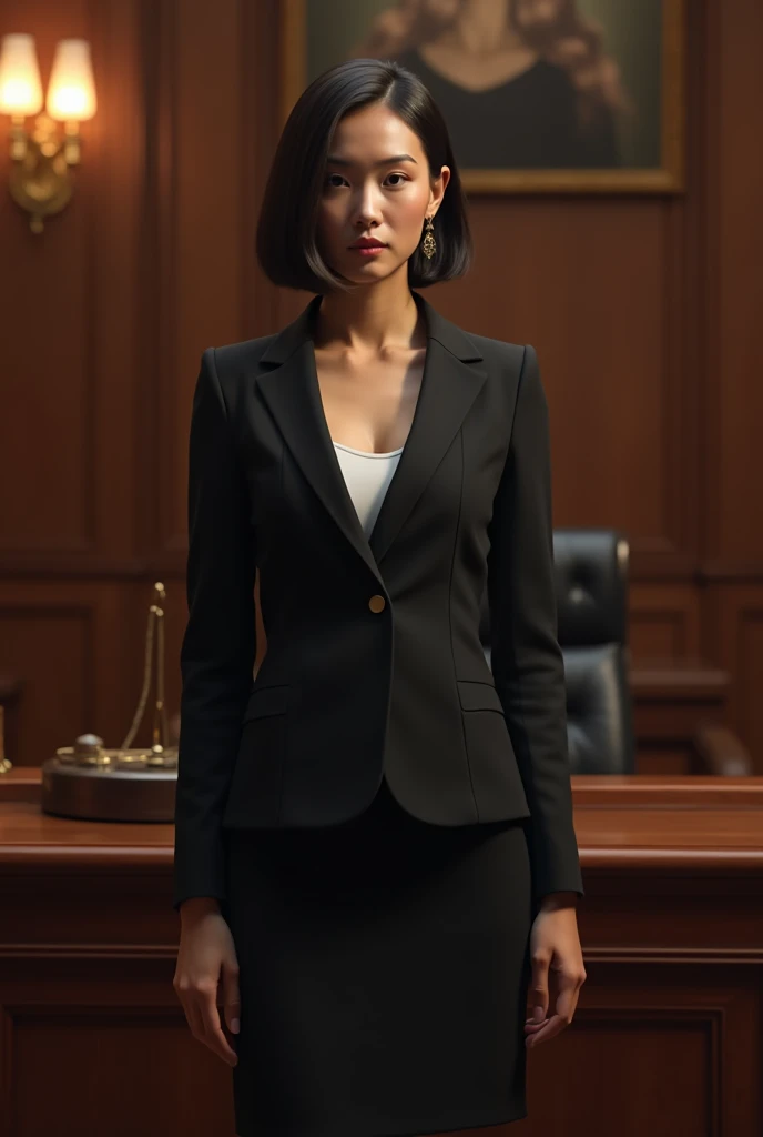(nsfw), Claire Wong, a sophisticated and no-nonsense 3 lawyer, is depicted in a luxurious courtroom, standing confidently before a judge. She is dressed in a perfectly fitted black pencil skirt and blazer, her hair styled in a sleek, straight bob that adds to her sharp, professional appearance. Her piercing gaze and calm demeanor command the attention of everyone in the room as she delivers her arguments with precision. The courtroom is grand, with dark wood paneling and elegant architecture, emphasizing the seriousness and authority of the scene. Hyper-detailed, dramatic lighting, professional atmosphere, 8K.