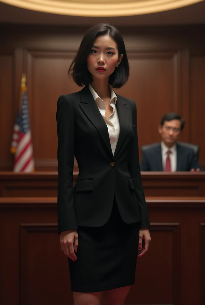 (nsfw), Claire Wong, a sophisticated and no-nonsense 3 lawyer, is depicted in a luxurious courtroom, standing confidently before a judge. She is dressed in a perfectly fitted black pencil skirt and blazer, her hair styled in a sleek, straight bob that adds to her sharp, professional appearance. Her piercing gaze and calm demeanor command the attention of everyone in the room as she delivers her arguments with precision. The courtroom is grand, with dark wood paneling and elegant architecture, emphasizing the seriousness and authority of the scene. Hyper-detailed, dramatic lighting, professional atmosphere, 8K.