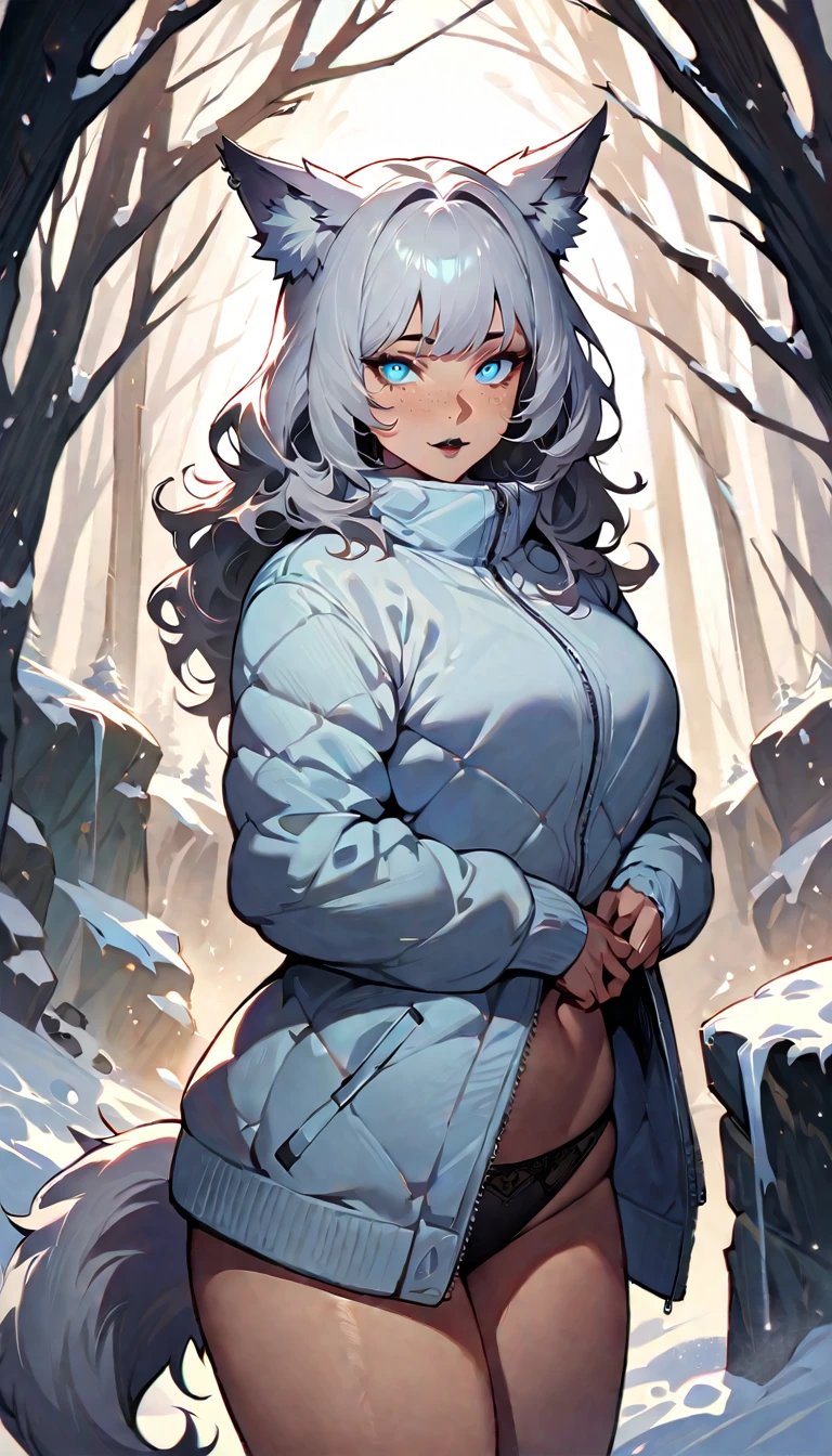 (high quality, 8k, 4K, high contrast, artwork:1.2, high quality, best aesthetics), (centered), ((1 woman)), erotic, sensual, mature body, grown woman, super detailed, beautiful face detailed, beautiful eyes detailed, detailed beautiful mouth, (long wavy white hair), (blue eyes), (freckles), (black eyeliner), (black eyeshadow), (relaxed expression), (piercing gaze), (looking at viewer), (black lipstick), (front view of woman), (standing), (straight body posture), (hands behind the back), (thick white Nike winter jacket), (no pants), (black panties), (in the middle of a frozen forest), (snow), (cold), (white wolf ears), (white wolf tail)