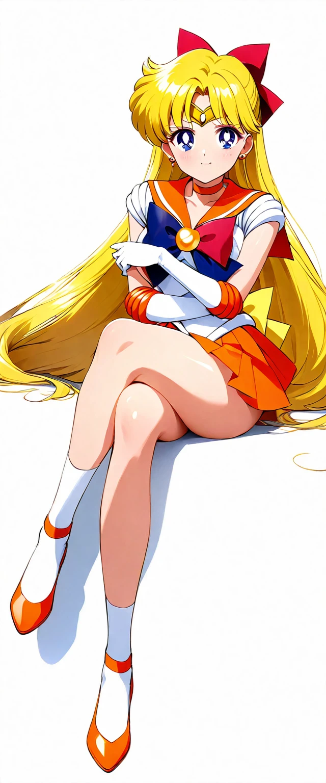 masterpiece, Highest quality, High resolution, Venus 1, One person, alone, Sailor Warrior Uniform, Sailor Venus, aino minako, Blonde, Magical girl, blue eyes, Orange Skirt, Elbow hand pockets, tiara, Pleated skirt, Hair Ribbon, Orange sailor collar, mini skirt, choker, Red Bow, orange choker, White gloves, Very long hair, jewelry, Earrings, Sitting, Crossing your legs,