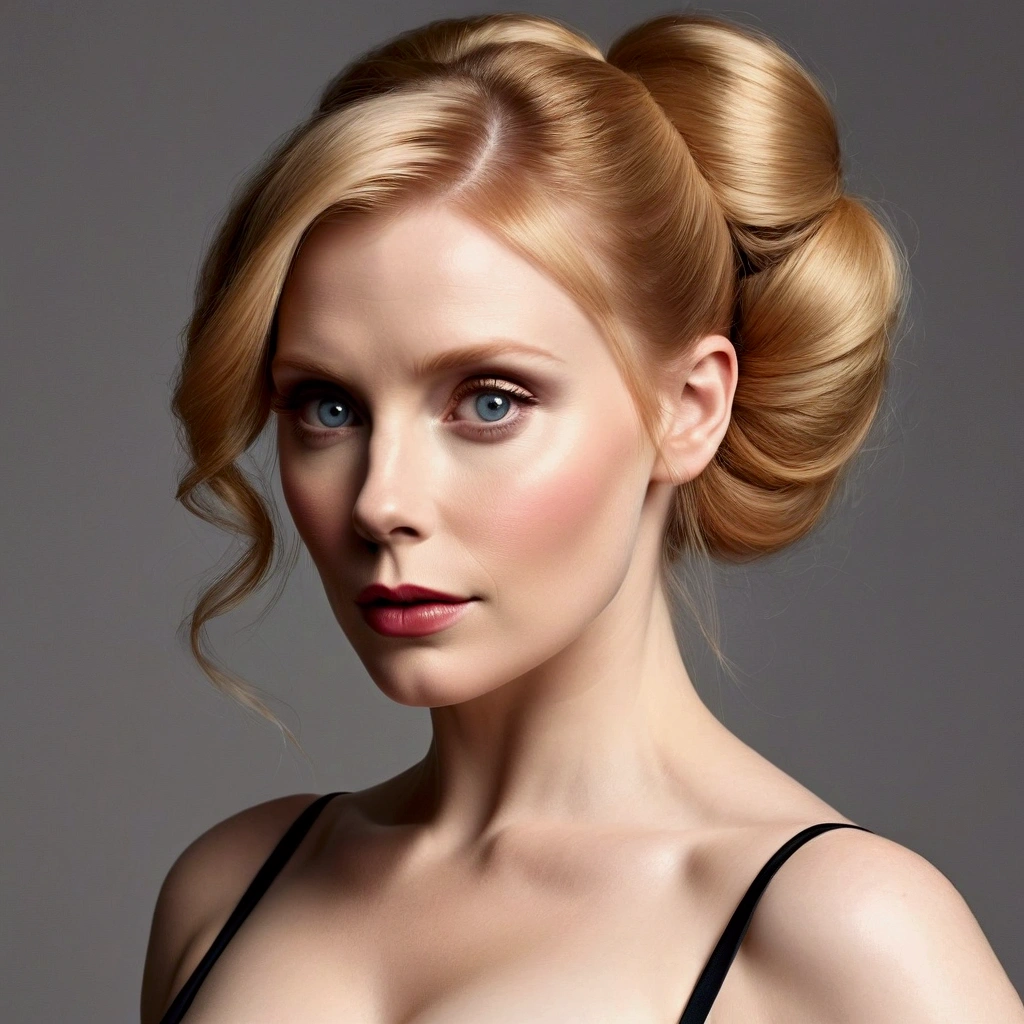 HYBRID FACE BETWEEN BRYCE DALLAS HOWARD AND AMY ADAMS, BUST IMAGE STYLE, STUDIO IMAGE STYLE, DIFFUSED LIGHTS ON FACE, STRONG BACK LIGHTS, CLOSE FACE SHOTBLACK, BLONDE BUN HAIR STYLE, VERY LIGHTNING BLONDE HAIR, VERY PALE SKY, HIGH CHEEKBONES, ROSY CHEEKS, GORGEOUS LIPS, SOFT LIPSTICK, VOLUMOUS BREASTS, STRAPLESS CLEAVAGE, ENIGMATIC FACE EXPRESSION, HIGH QUALITY IMAGE, MASTERPIECE, 8K